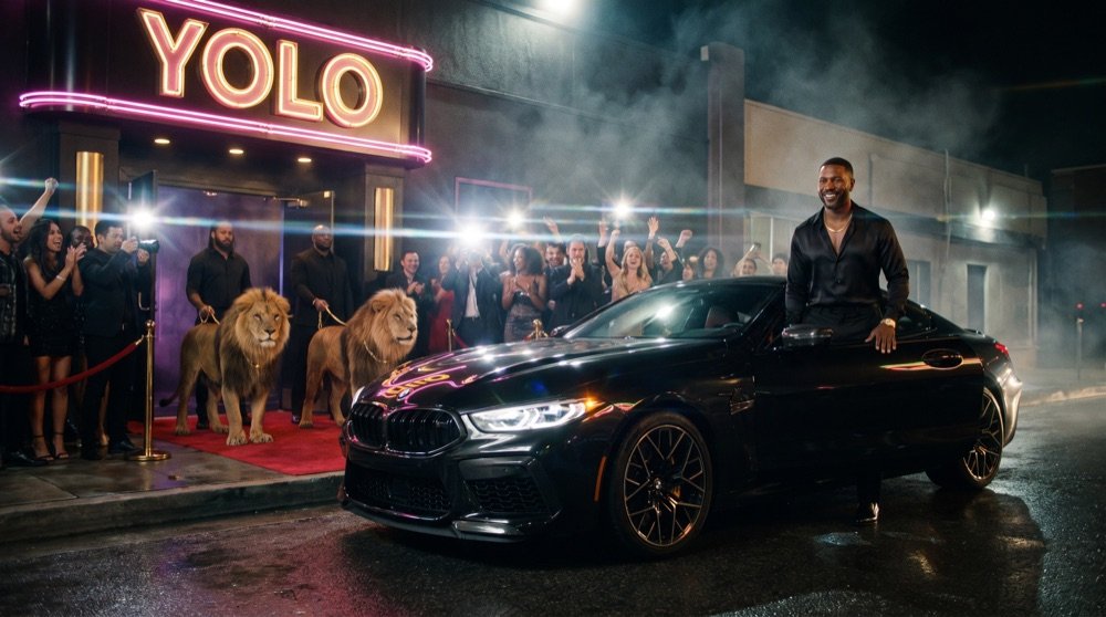 Greg arriving in a black BMW outside Club YOLO with lions at the door