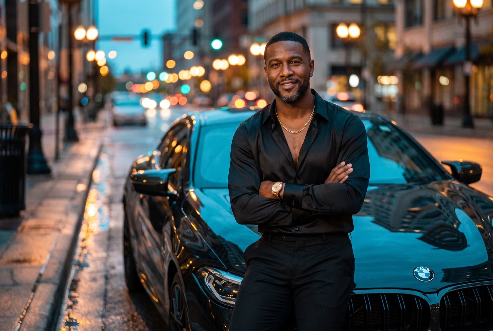 Greg leaning on his black BMW coupe on a city street at dusk