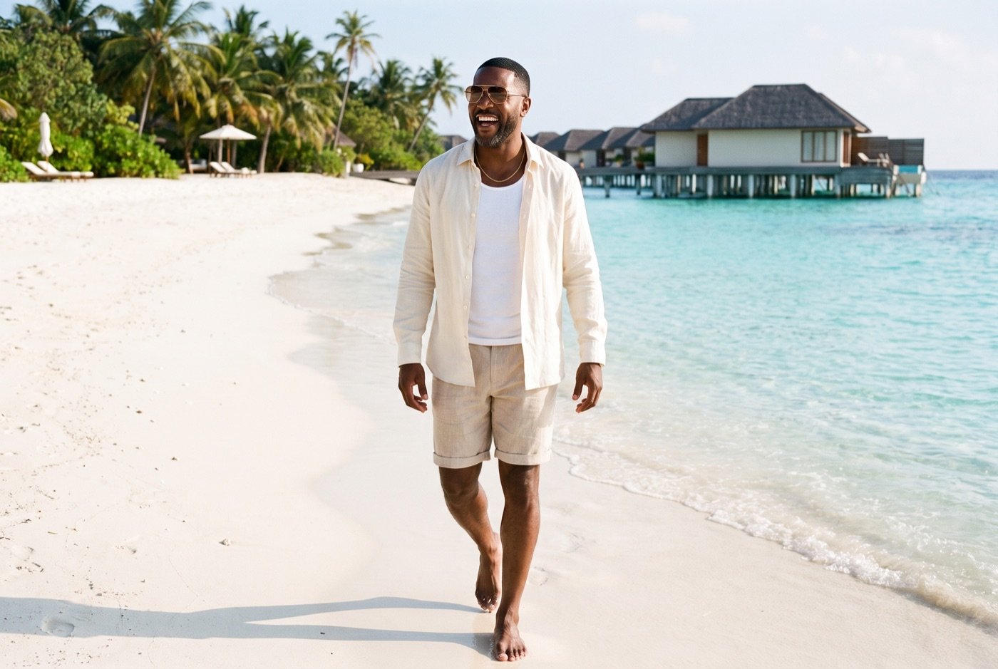 Greg laughing as he walks along a white sand beach next to turquoise water